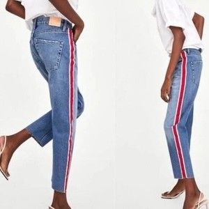 Zara Authentic Denim TRF Womens 2 Red Side Stripe Straight Leg Jeans Raw Hem